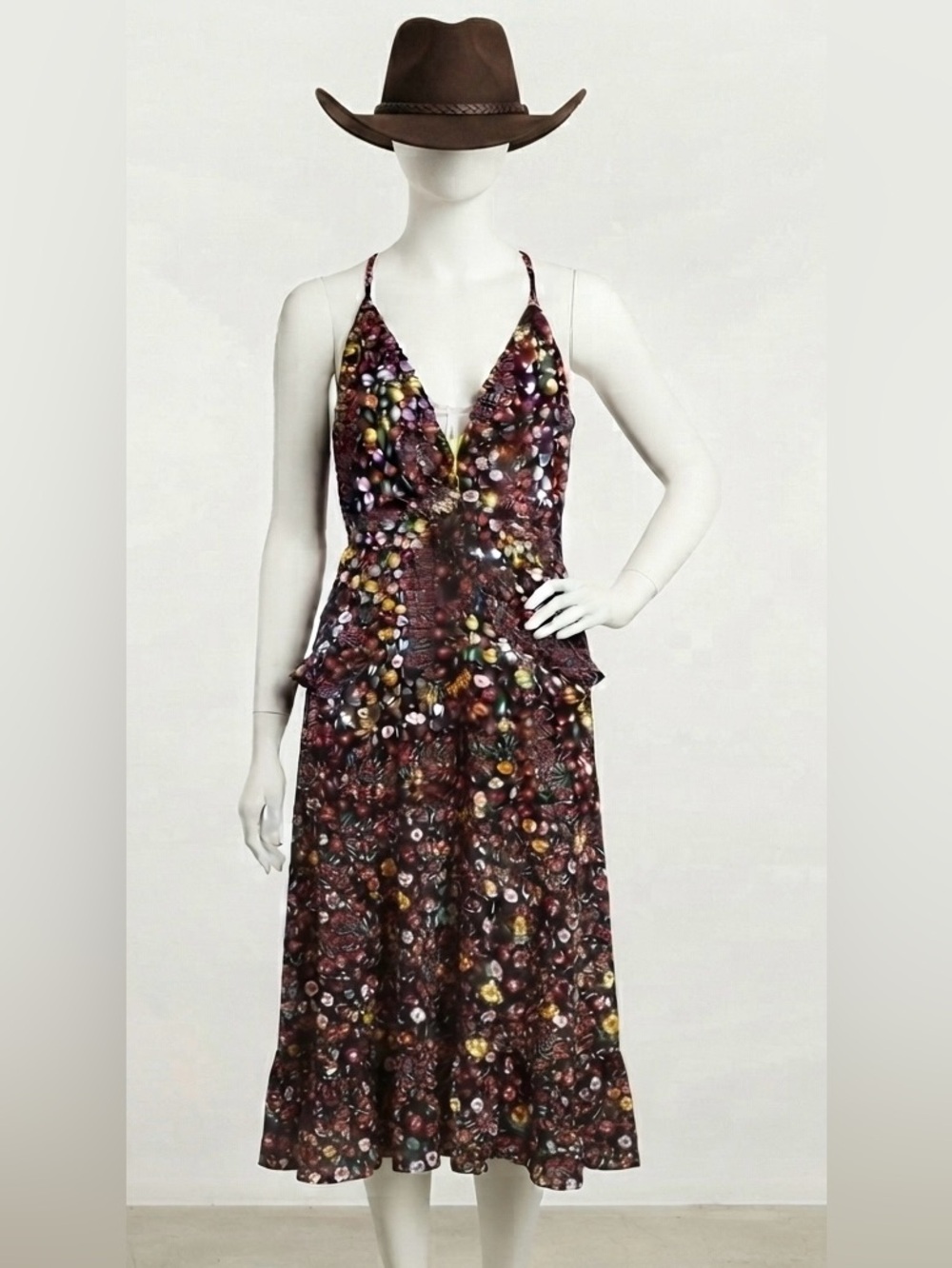 BCBGeneration Black Floral V-neck Halter Back Dress with Pockets XS NWOT